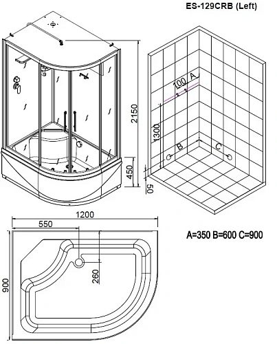 Душевая кабина Esbano ELEGANCIA (ESKB129CRBL) полукруглая с крышей и высоким поддоном EST-129CRB L120x90x210cм Душевая кабина Esbano ELEGANCIA (ESKB129CRBL) полукруглая с крышей и высоким поддоном EST-129CRB L120x90x210cм