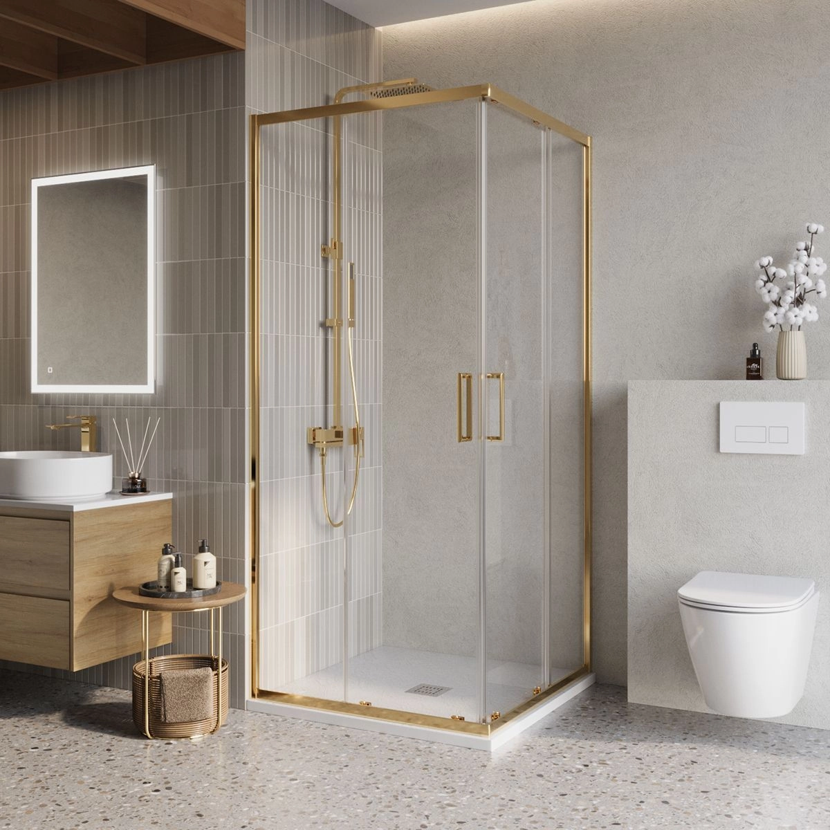 Душевой уголок BelBagno LUCE-A-2-100-C-ORO 100x100 см, профиль золото, стекло прозрачное Душевой уголок BelBagno LUCE-A-2-100-C-ORO 100x100 см, профиль золото, стекло прозрачное