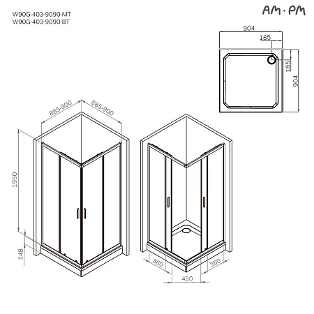 Душевой уголок AM.PM Gem W90G-403-9090MT 90x90 хром матовый, стекло прозрачное