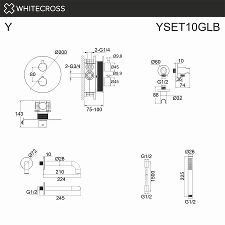 Смеситель для ванны WHITECROSS Y YSET10GLB (брашированное золото) с ручным душем, термостатический, скрытого монтажа