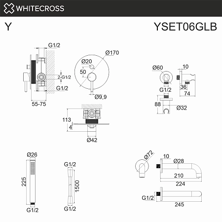Смеситель для ванны WHITECROSS Y YSET06GLB (брашированное золото) скрытого монтажа