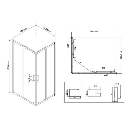 Душевой уголок Vincea City VSS-5CT8010CLGM, 1000x800, вороненая сталь, стекло прозрачное
