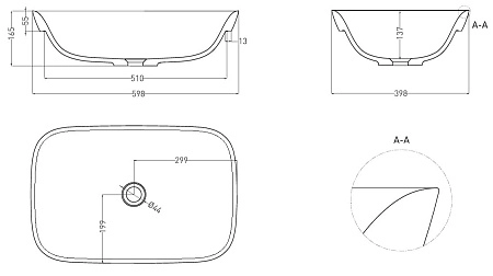 Раковина Salini MAREA 02 1802102G 598x398 полувстраиваемая S-Sense