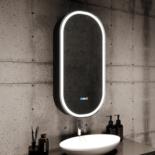 Зеркальный шкаф SILVER MIRRORS 500x1000 ЖК-часы, подогрев, сенс. выключатель Soho-BLACK (LED-0000261 LED-00002612 Зеркальный шкаф SILVER MIRRORS 500x1000 ЖК-часы, подогрев, сенс. выключатель Soho-BLACK (LED-0000261 LED-00002612