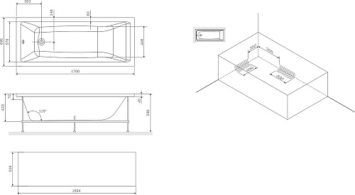 Акриловая ванна STWORKI Карлстад 170x70, с каркасом и сливом-переливом 563277 Акриловая ванна STWORKI Карлстад 170x70, с каркасом и сливом-переливом 563277