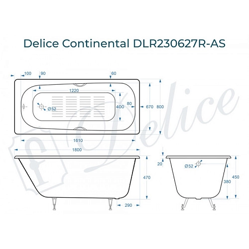 Ванна чугунная Delice Continental 180х80 с отверстиями под ручки и антискользящим покрытием DLR230627R-AS Ванна чугунная Delice Continental 180х80 с отверстиями под ручки и антискользящим покрытием DLR230627R-AS