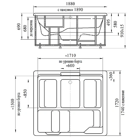 Мини бассейн Radomir г/а Цезарь Platinum 1-30-0-0-5-0501Б, белый, 1890х1740, рама-подставка, слив-перелив, 20 форсунок гидромассажа, система turbo-pool - 2 шт., СПА-контроллер, 15 форсунок аэромассажа, подсветка 1 лампа, система фильтрации, дезинфекции, п