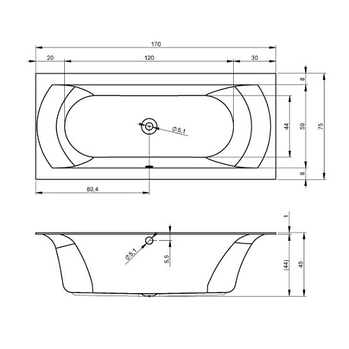 Акриловая ванна Riho Linares BT4400500000000 170x75 Акриловая ванна Riho Linares BT4400500000000 170x75