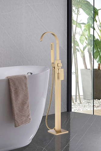 Смеситель для ванны ABBER Wasserfall AF8615G напольный, золото матовое Смеситель для ванны ABBER Wasserfall AF8615G напольный, золото матовое