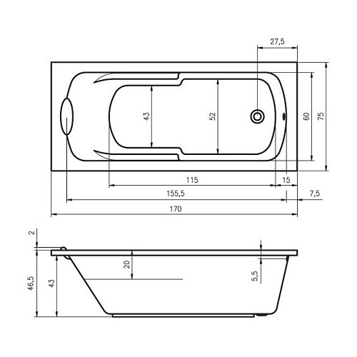 Акриловая ванна Riho Virgo BZ0700500000000 170х75 Акриловая ванна Riho Virgo BZ0700500000000 170х75