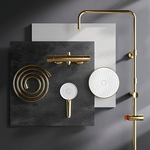 Душевая система AM.PM X-Joy F0785A499 с термостатом, верхний душ 220мм, золото Душевая система AM.PM X-Joy F0785A499 с термостатом, верхний душ 220мм, золото
