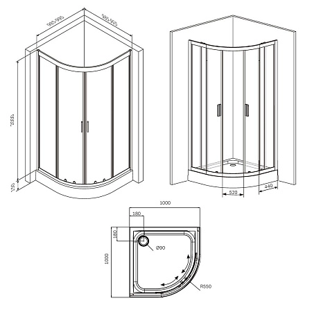 Душевой уголок AM.PM Gem W90G-401-100BT четверть круга 100x100 стекло прозрачное, профиль черный матовый