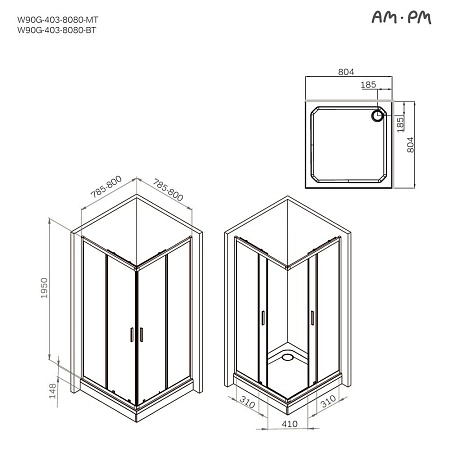 Душевой уголок AM.PM Gem W90G-403-8080-MT 80x80 хром матовый, стекло прозрачное