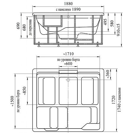 Мини бассейн Radomir Цезарь Gold 1-30-0-0-4-0501Б, белый, 1890х1740, рама-подставка, слив-перелив, 20 форсунок гидромассажа, пневмокнопка - 2 шт., регулятор воздуха - 4 шт.