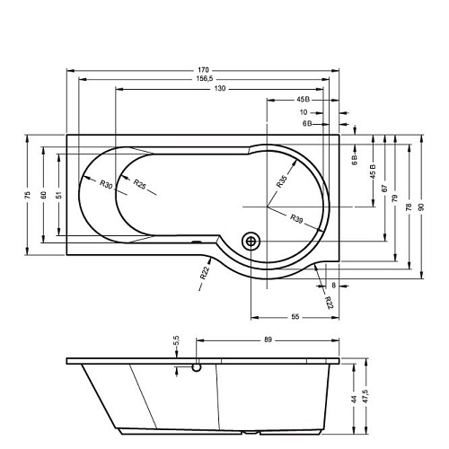 Акриловая ванна Riho Dorado BA8000500000000 170x75 R Акриловая ванна Riho Dorado BA8000500000000 170x75 R