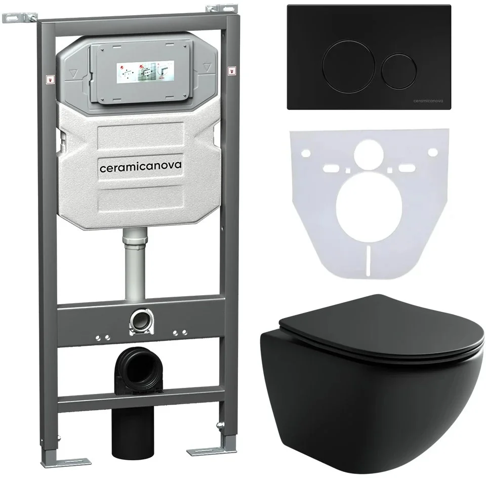 Комплект унитаза Ceramica Nova Сет 4 в 1 инсталляция с кнопкой и шумоизоляцией CN4002MB_1001B_1000 Комплект унитаза Ceramica Nova Сет 4 в 1 инсталляция с кнопкой и шумоизоляцией CN4002MB_1001B_1000