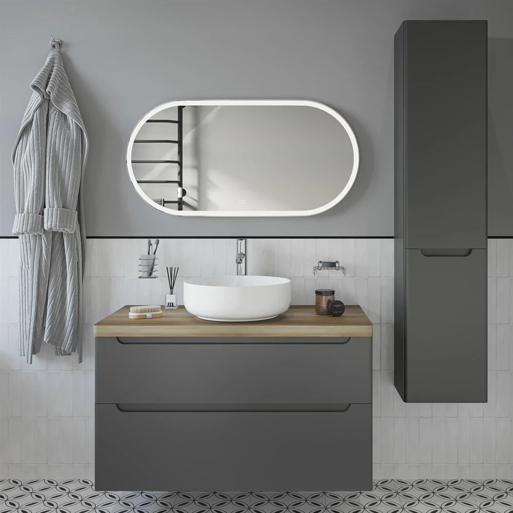 Комплект мебели STWORKI Берген 100 серая со светлой столешницей, раковина Moon 1 549595 Комплект мебели STWORKI Берген 100 серая со светлой столешницей, раковина Moon 1 549595