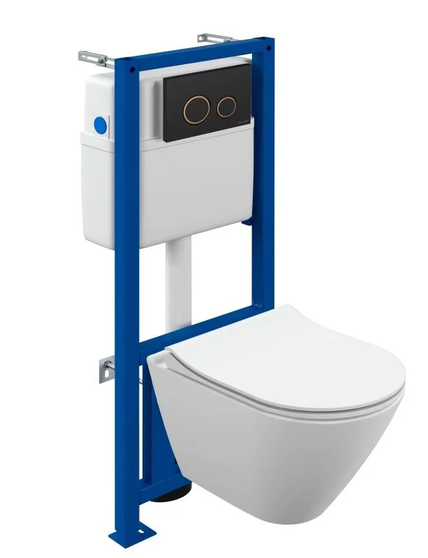 Комплект унитаза Cersanit CITY SMART (A68308) инсталляции LINK PRO и клавиши смыва TWINS пластик черный матовый с рамкой золото LP 68308 Комплект унитаза Cersanit CITY SMART (A68308) инсталляции LINK PRO и клавиши смыва TWINS пластик черный матовый с рамкой золото LP 68308