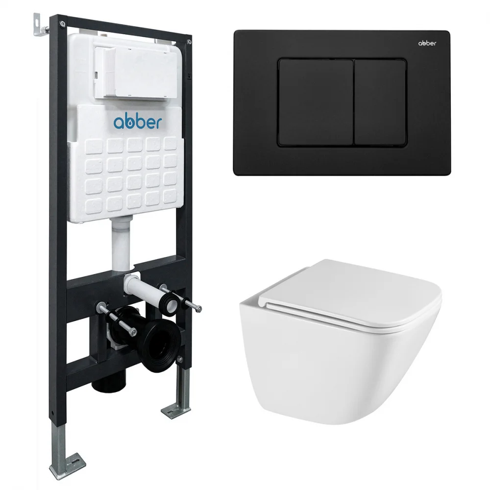 Комплект унитаза ABBER Rechteck AC1220TC белый, с закрытым дном с инсталляцией AC0105 и кнопкой AC0120MB черный матовый Комплект унитаза ABBER Rechteck AC1220TC белый, с закрытым дном с инсталляцией AC0105 и кнопкой AC0120MB черный матовый