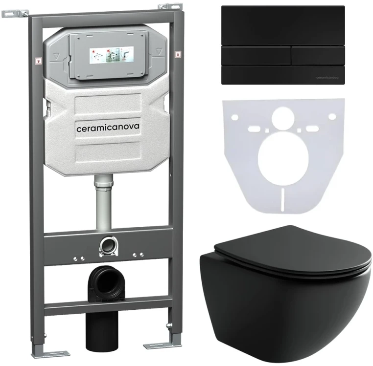 Комплект унитаза Ceramica Nova Сет 4 в 1 инсталляция с кнопкой и шумоизоляцией CN4002MB_1002B_1000 Комплект унитаза Ceramica Nova Сет 4 в 1 инсталляция с кнопкой и шумоизоляцией CN4002MB_1002B_1000