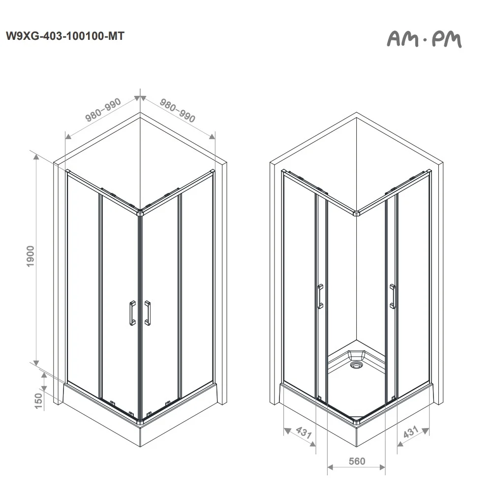 Душевой уголок AM.PM Above W9XG-403-100100-MT 100x100 квадратная, раздвижные двери, профиль хром матовый, стекло прозрачное — Изображение 15
