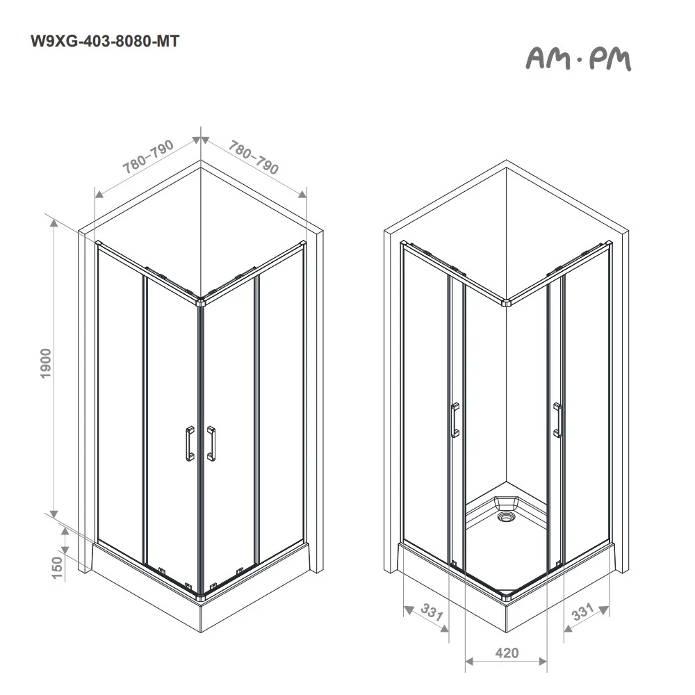 Душевой уголок AM.PM Above W9XG-403-8080-MT 80x80 квадратная, раздвижные двери, профиль хром матовый, стекло прозрачное — Изображение 15