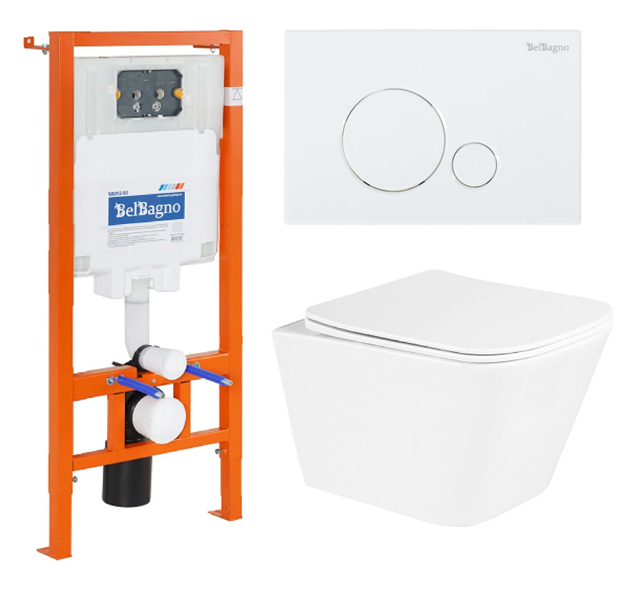 Комплект унитаза BelBagno с сиденьем DUE BB3103CHR/SC инсталляцией BB002-80 и клавишей смыва BB014-SR-BIANCO Комплект унитаза BelBagno с сиденьем DUE BB3103CHR/SC инсталляцией BB002-80 и клавишей смыва BB014-SR-BIANCO