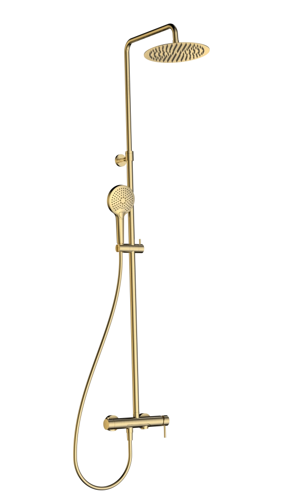 Душевая система AQUAme AQM8011BG со смесителем и изливом, лейка 3 режима 1100-1500мм, золото шлифован Душевая система AQUAme AQM8011BG со смесителем и изливом, лейка 3 режима 1100-1500мм, золото шлифован