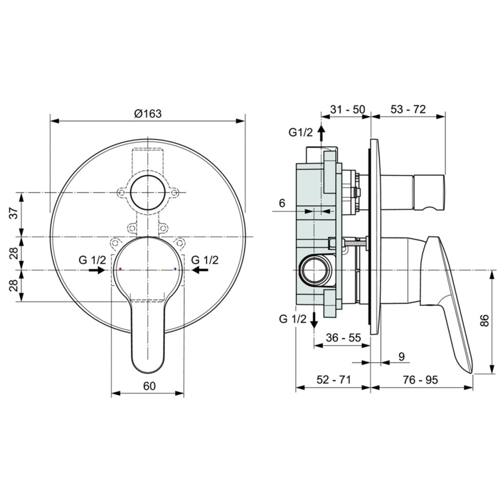 Детальная картинка товара «смеситель для ванны ideal standard dot 2.0 a7165aa встраиваемый»
