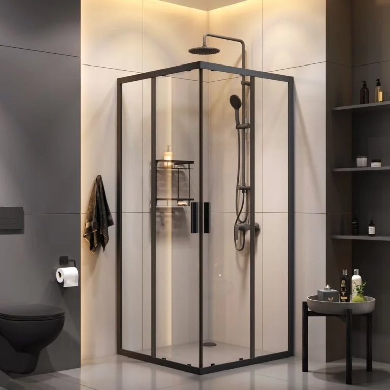 Душевой уголок AM.PM Gem 90х90 WK93EP с душевой системой и аксессуарами, профиль черный матовый, стекло прозрачное Душевой уголок AM.PM Gem 90х90 WK93EP с душевой системой и аксессуарами, профиль черный матовый, стекло прозрачное
