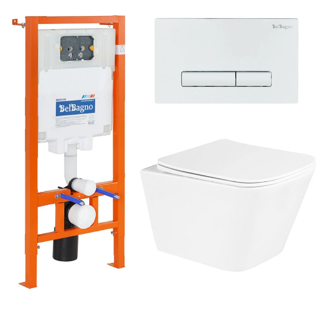 Комплект унитаза BelBagno с сиденьем DUE BB3103CHR/SC инсталляцией BB002-80 и клавишей смыва BB018-GV-BI Комплект унитаза BelBagno с сиденьем DUE BB3103CHR/SC инсталляцией BB002-80 и клавишей смыва BB018-GV-BI