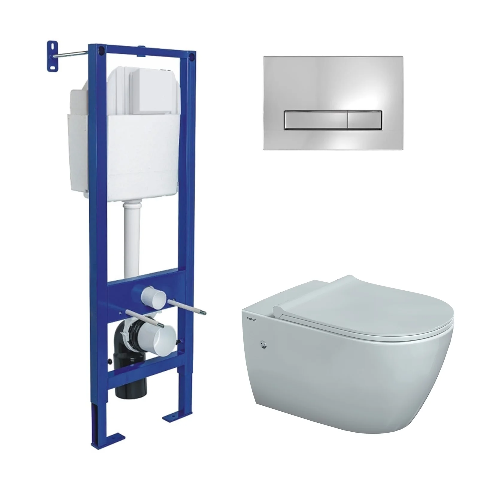 Комплект инсталляции BERGES АТОМ 410 с клавишей смыва Atom Line хром глянец, унитазом MASCON Rimless и сиденьем микролифт, быстросъём 043350 Комплект инсталляции BERGES АТОМ 410 с клавишей смыва Atom Line хром глянец, унитазом MASCON Rimless и сиденьем микролифт, быстросъём 043350