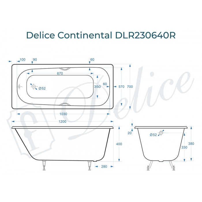Детальная картинка товара «ванна чугунная delice france continental 120х70 с отверстиями под ручки dlr230640r»