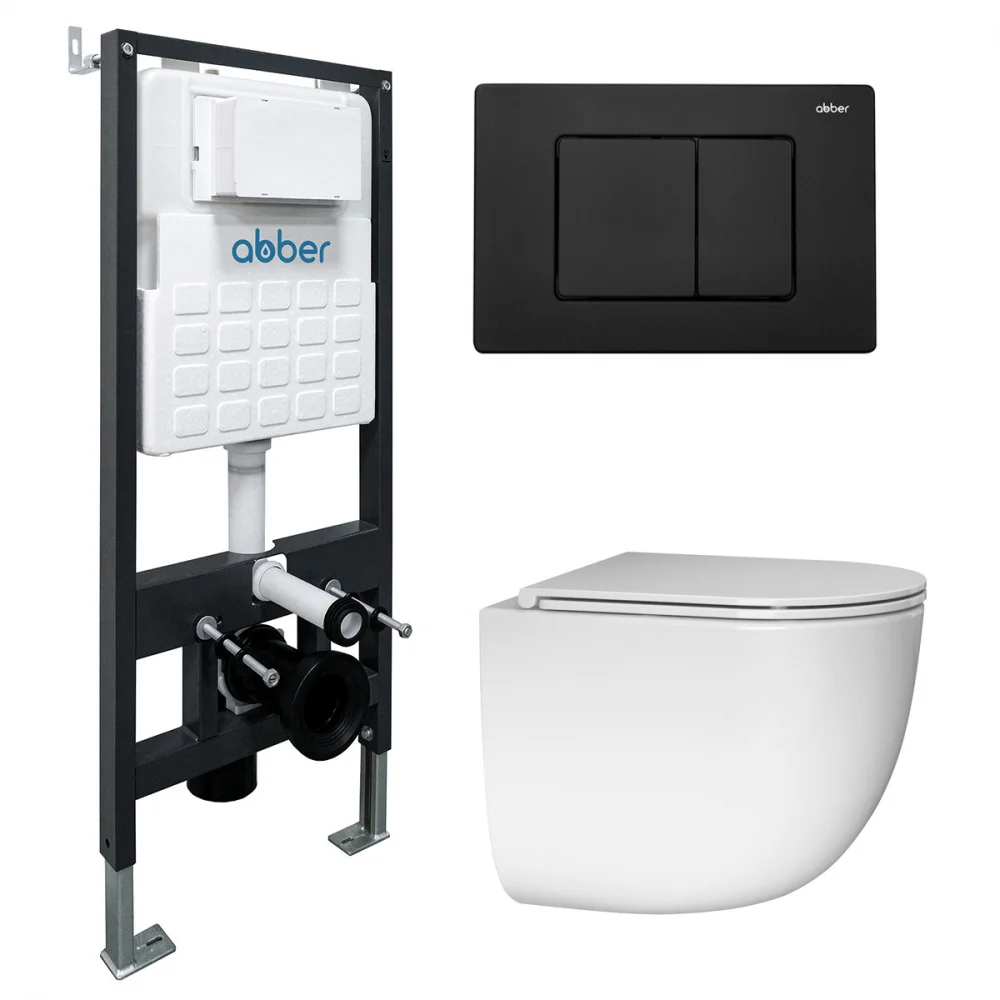 Комплект унитаза ABBER Bequem AC1132TC белый, с закрытым дном с инсталляцией AC0105 и кнопкой AC0120MB черный матовый Комплект унитаза ABBER Bequem AC1132TC белый, с закрытым дном с инсталляцией AC0105 и кнопкой AC0120MB черный матовый