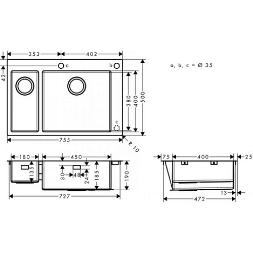 Кухонная мойка Hansgrohe 180/450 S712-F655 43310800, под сталь встраиваемая Кухонная мойка Hansgrohe 180/450 S712-F655 43310800, под сталь встраиваемая