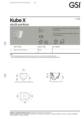 Унитаз подвесной GSI KUBE X безободковый Swirlflush белый (941811) без сиденья Унитаз подвесной GSI KUBE X безободковый Swirlflush белый (941811) без сиденья