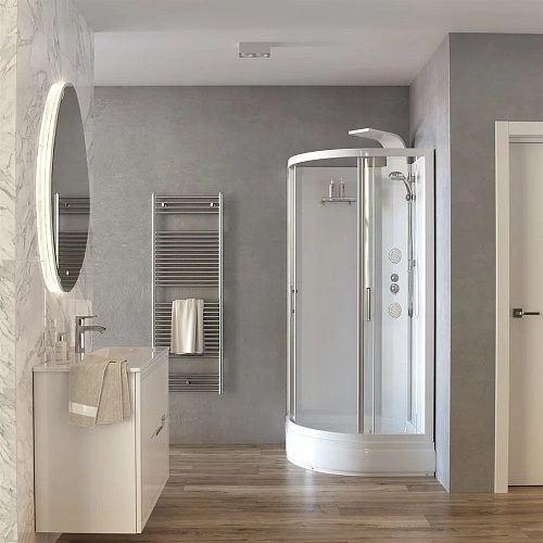 Душевая кабина Taliente с гидромассажем, 100x100x220см, четверть круга, профиль белый, прозрозрачное TA-100CW Душевая кабина Taliente с гидромассажем, 100x100x220см, четверть круга, профиль белый, прозрозрачное TA-100CW