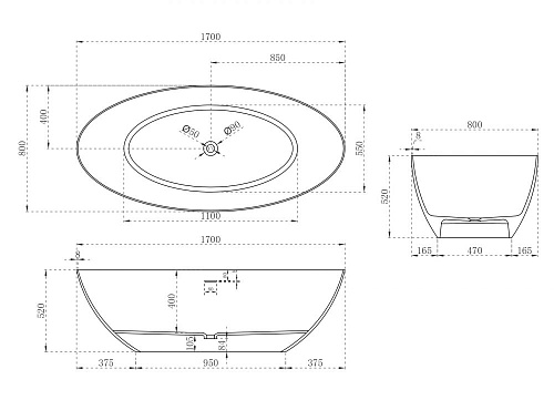 Ванна отдельностоящая ABBER AS9625-1.7 170x80 универсальная, белая матовая, искусственный камень Ванна отдельностоящая ABBER AS9625-1.7 170x80 универсальная, белая матовая, искусственный камень