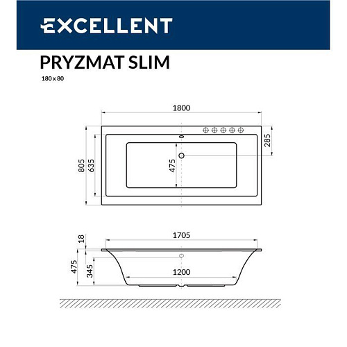 Акриловая ванна EXCELLENT Pryzmat Slim 180x80 SOFT хром WAEX.PRY18S.SOFT.CR Акриловая ванна EXCELLENT Pryzmat Slim 180x80 SOFT хром WAEX.PRY18S.SOFT.CR