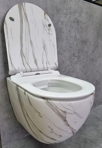 Унитаз подвесной CeramaLux 2213-K белый мрамор с крышкой микролифт Унитаз подвесной CeramaLux 2213-K белый мрамор с крышкой микролифт