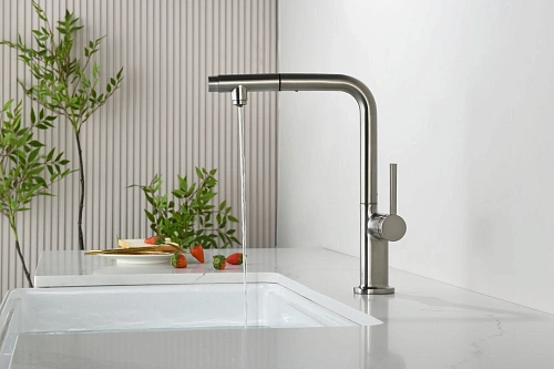 Смеситель для кухни AQUAme Cucina AQM9903BN с выдвижным изливом, с подключением к фильтру с питьевой водой, никель шлифованный Смеситель для кухни AQUAme Cucina AQM9903BN с выдвижным изливом, с подключением к фильтру с питьевой водой, никель шлифованный