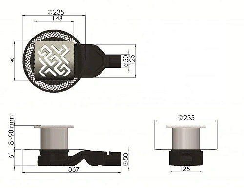 Душевой трап BERGES PLATZ Antik 150х150, матовый хром, S-сифон D50 H60 боковой 090161 Душевой трап BERGES PLATZ Antik 150х150, матовый хром, S-сифон D50 H60 боковой 090161