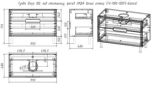 Тумба под раковину Taliente Olejo, 100см, белый глянец, под столешницу MB-ST, без ножек TA-MBO-100PS TA-MBO-100PS-blanco Тумба под раковину Taliente Olejo, 100см, белый глянец, под столешницу MB-ST, без ножек TA-MBO-100PS TA-MBO-100PS-blanco