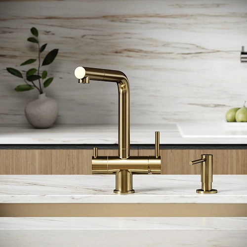 Смеситель для кухни SANCOS Spin SC4015BG с вытяжным изливом, c краном для фильтрованной воды брашированное золото Смеситель для кухни SANCOS Spin SC4015BG с вытяжным изливом, c краном для фильтрованной воды брашированное золото