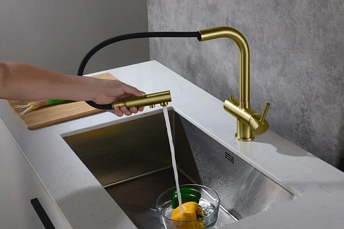 Смеситель для кухни Timo Saona 2356/17FL с подключением фильтра и выдвижной лейкой золото матовое Смеситель для кухни Timo Saona 2356/17FL с подключением фильтра и выдвижной лейкой золото матовое