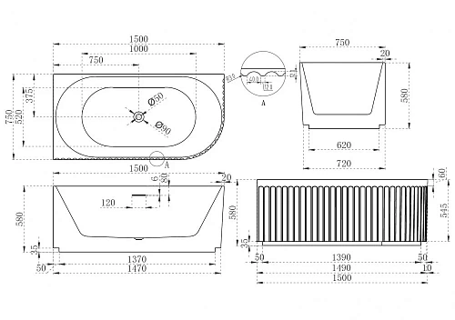 Акриловая ванна ABBER AB9412-1.5 L 150x75 левосторонняя, белая Акриловая ванна ABBER AB9412-1.5 L 150x75 левосторонняя, белая