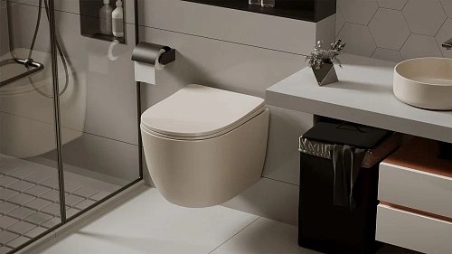 Унитаз подвесной ABBER Bequem AC1101MBE светло-бежевый матовый, безободковый с крышкой микролифт Унитаз подвесной ABBER Bequem AC1101MBE светло-бежевый матовый, безободковый с крышкой микролифт