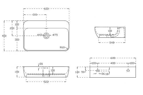 Раковина ABBER Stein AS2654 подвесная, белая матовая Раковина ABBER Stein AS2654 подвесная, белая матовая