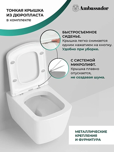 Унитаз подвесной Ambassador Kingston 143K19003RS (500x360x354) безободковый с сиденьем Унитаз подвесной Ambassador Kingston 143K19003RS (500x360x354) безободковый с сиденьем