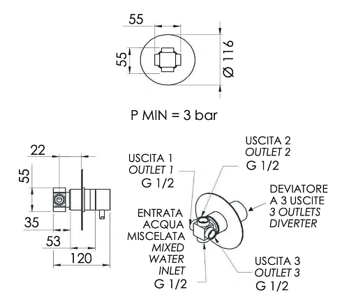 Переключатель потоков Remer X Style N93DEV3NO на 3 выхода, черный матовый Переключатель потоков Remer X Style N93DEV3NO на 3 выхода, черный матовый